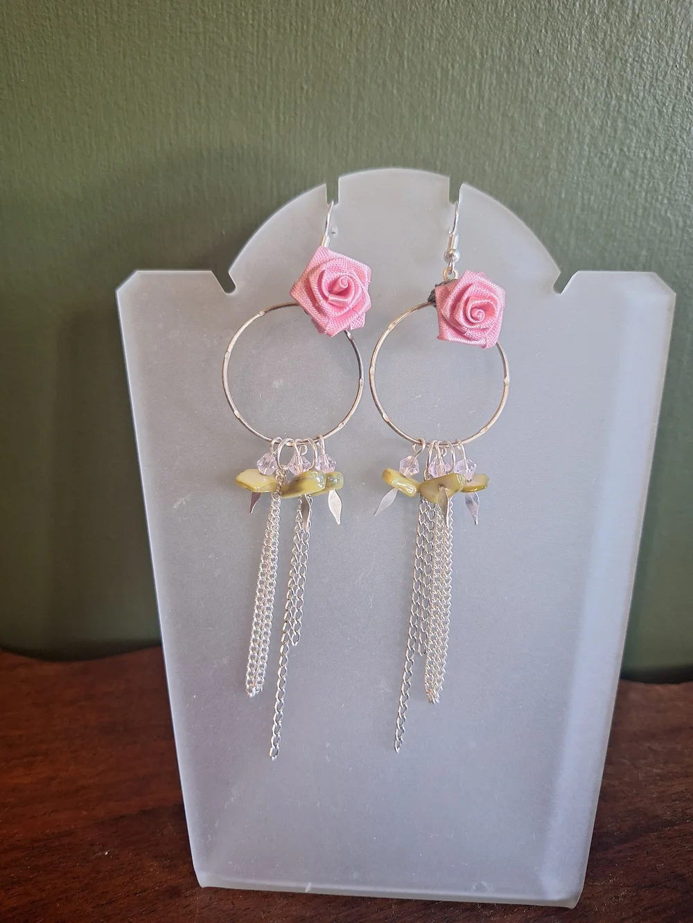 Pink Rose Hoop Earrings with Silver Chain Tassels